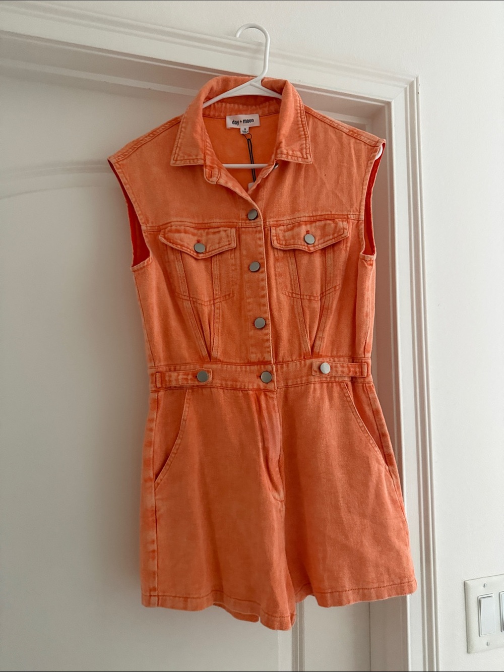 day + moon Orange Sleeveless Denim Romper Dress
